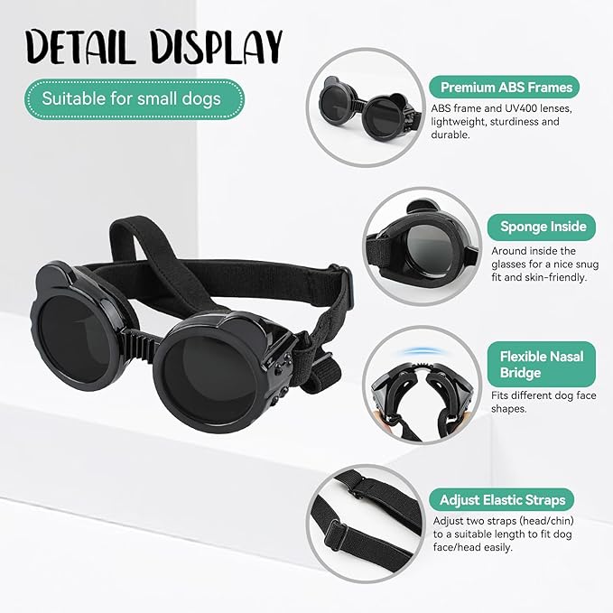 Dog Goggles for Small Breed UV/Wind/Dust Protection Puppy Sunglasses with Adjustable Strap - Black-PawvioPets