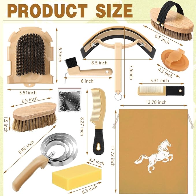 Abbylike 12 Pieces Horse Grooming Kit Racing Festival Tack Room Supplies Horse Brush Sets Equine Care Cleaning Kit Shedding Grooming Massaging Tools(Khaki)-PawvioPets