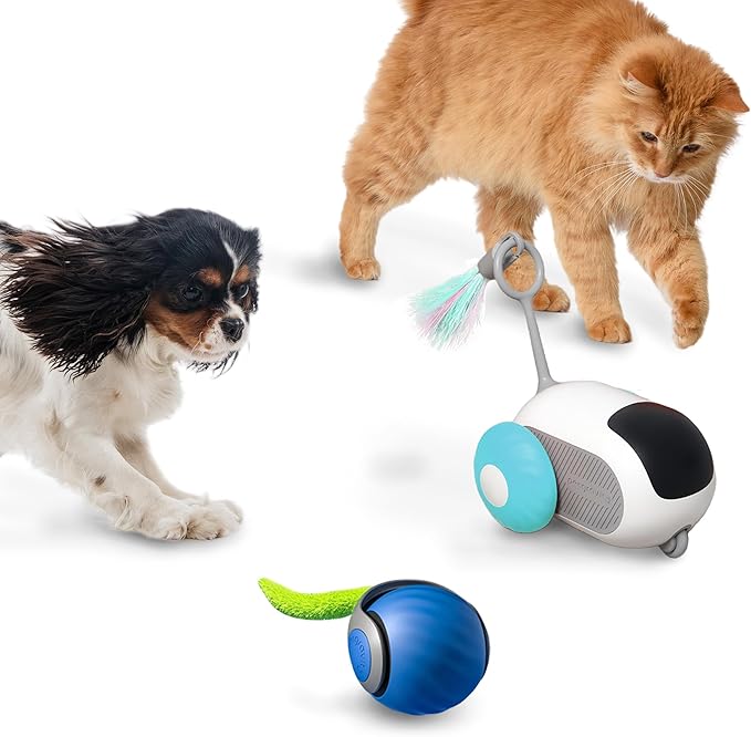 1pc Interactive Automatic Remote Control Cat Mice Car Toy and 1pc Smart Electric Moving Speedy Cat Ball Toy with Feather Tail, Suitable for Dogs, Keep Busy, Stimulating, Rechargeable (Blue)-PawvioPets
