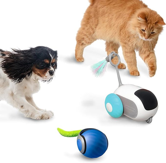 1pc Interactive Automatic Remote Control Cat Mice Car Toy and 1pc Smart Electric Moving Speedy Cat Ball Toy with Feather Tail, Suitable for Dogs, Keep Busy, Stimulating, Rechargeable (Blue)-PawvioPets