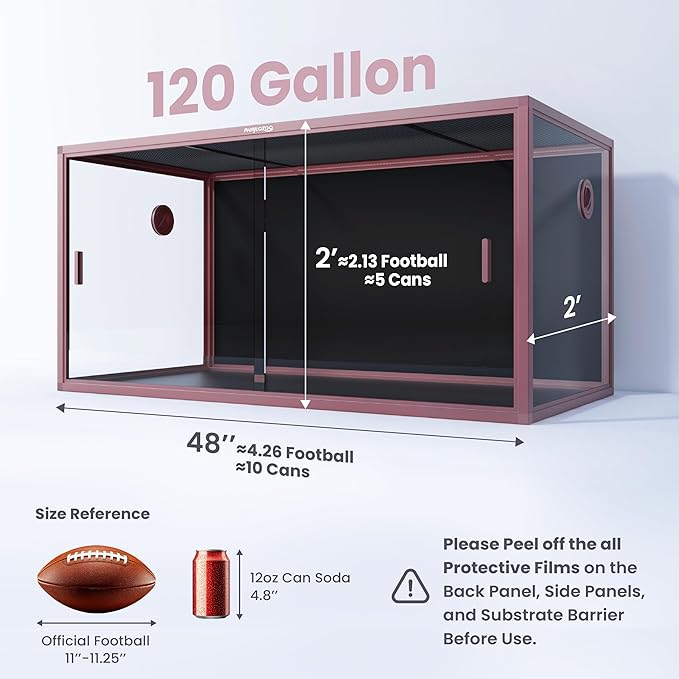 120 Gallon Reptile Terrarium, 48" x 24" x 24" Reptile Enclosure with Sliding Door Top Screen Ventilation,Blue Tongue Skink Tank for Easy Maintenance-PawvioPets