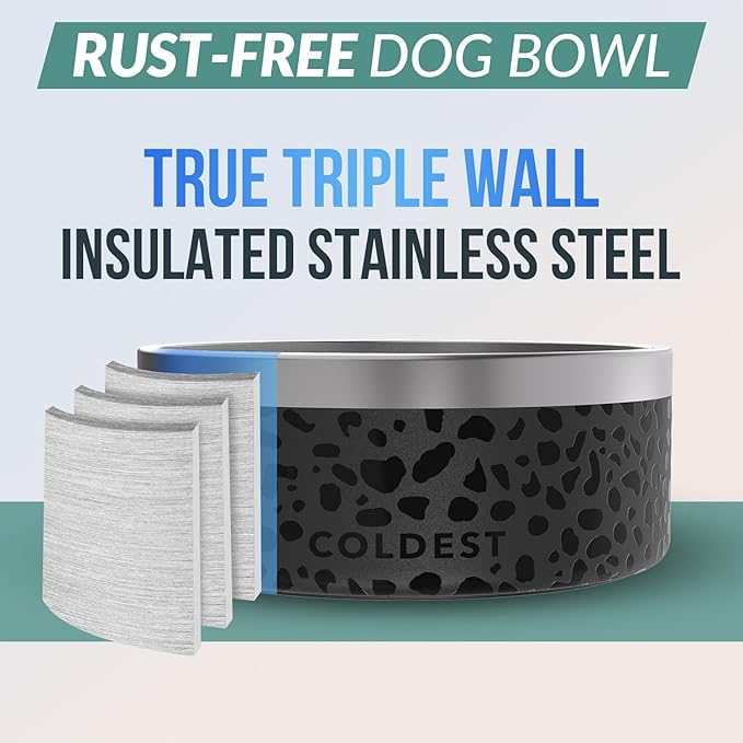 Coldest Dog Bowl - Anti Rust Metal, Non Slip, 3 Layers Insulated Stainless Steel Dog Bowls - Spill Proof & Heavy Duty - Water Bowl for Dogs, Cats & Pets, Dish Washer Safe (100 oz, Black Leopard)-PawvioPets