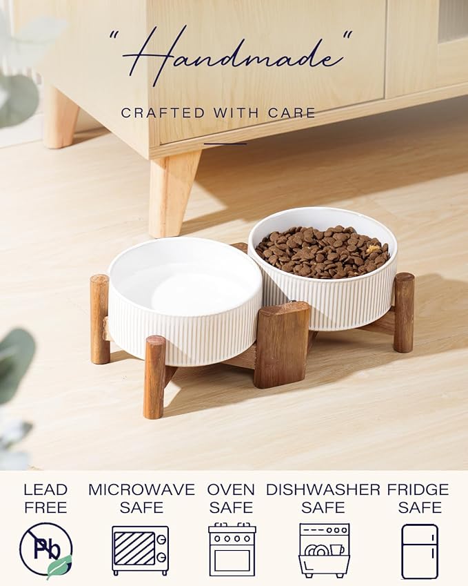 Getstar Ceramic Dog Bowls with Acacia Wood Stand, 30 fl oz, Set of 2, Dog Food Bowl, Cat Bowls (6.5 inches) (Vintage White)-PawvioPets