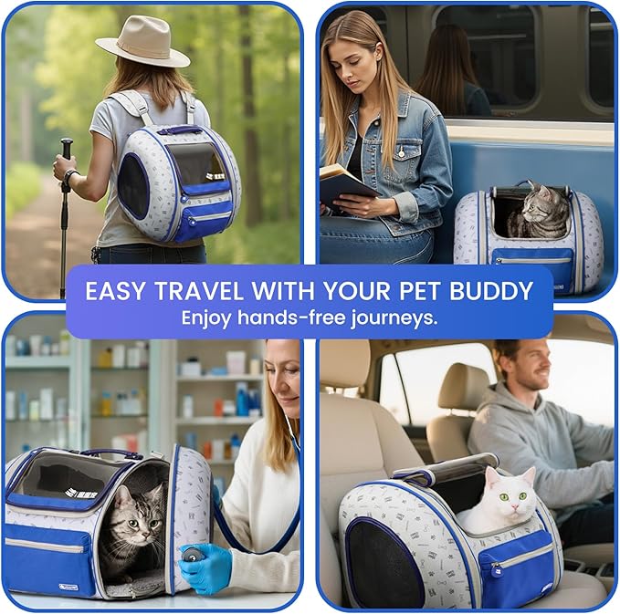 Cat and Dog Backpack Carrier, Foldable Breathable Pet Carrier Backpack with Mesh Ventilation, Large Portable Outing Traveling Pet Bag for Small, Medium Cats, Small Dogs, Blue-PawvioPets