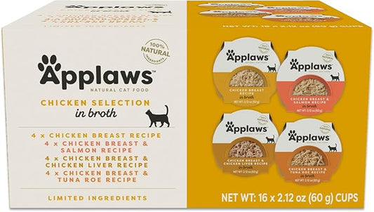 Applaws Natural Wet Cat Food, Limited Ingredient, Grain-Free, Protein with No Artificial Additives, Variety Chicken Selection in Broth (16 x 2.12 oz Easy-Open Cups)-PawvioPets
