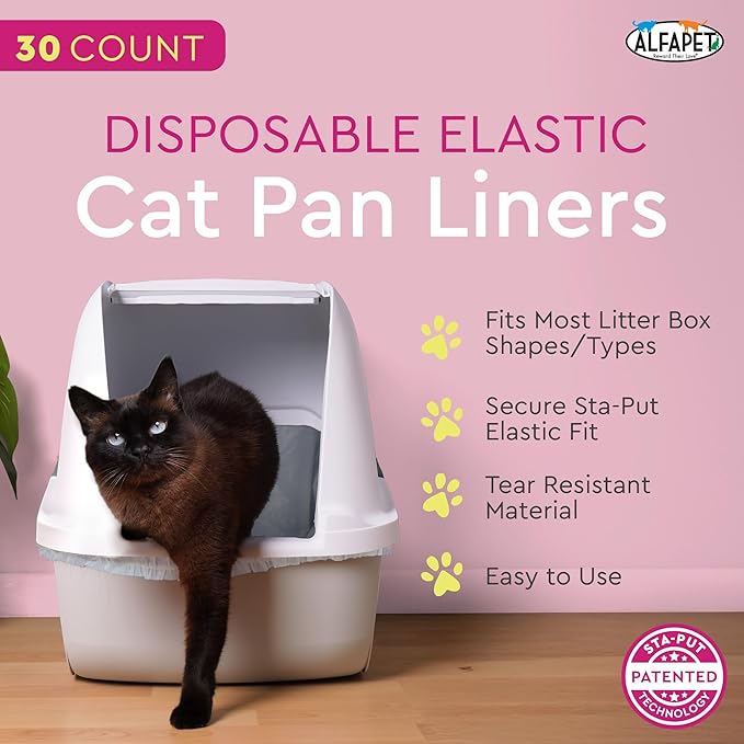 Alfapet Elastic Cat Litter Box Liners - Extra Giant 30 Count - Tear-Resistant Cat Litter Bags - Waterproof Kitty Litter Liners - Fits Litter box Pan Sizes XL, Giant, X-Giant, 37" x 18", 20 lb Capacity-PawvioPets