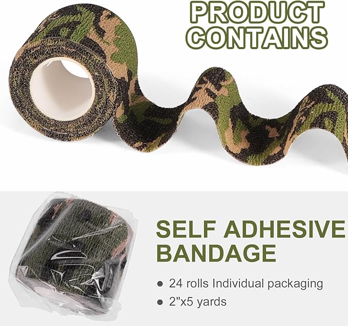 24 Pack Camo Self Adhesive Wrap, 2” x 5 Yards Vet Wrap Cohesive Camo Grip Tape Medical Wrap Self Adherent for Ankle, Wrist Sprains, Pet First Aid-PawvioPets