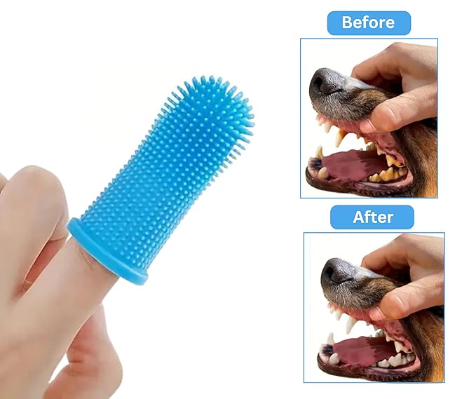 3-in 1 Dog & Cat Grooming Supplies- Self-cleaning Slicker Brush, Deshedding Rake Comb, And Finger Toothbrush For Dogs & Cats | Perfect For Pet Grooming Kit, Dematting And Dental Tool (blue)-PawvioPets