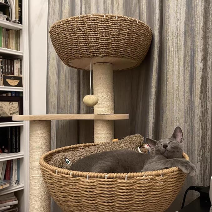 54" Large Modern Cat Trees, Luxury Rattan Oak Solid Wood Cat Trees Towers，3 Weaving Cat Nests & Washable Cool Cushions, Sisal Scratching Posts,Cat Condo for Indoor Cats- Wood Wax Oil Version-PawvioPets
