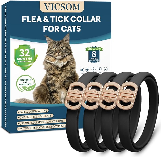 Flea and Tick Collar for Cats - 4 Pack, 32 Month Protection Treatment, Waterproof, Natural Prevention, Adjustable for Cats & Kittens (Black)-PawvioPets
