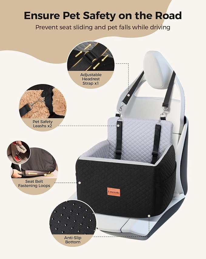 Dog Car Seat for Small & Medium Dogs Under 35lbs, Detachable & Washable Pet Car Seat, Interior Height 6 Inches Pet Travel Bed with Storage Pockets and 2 Dog Safety Belts (Black/Gray)-PawvioPets