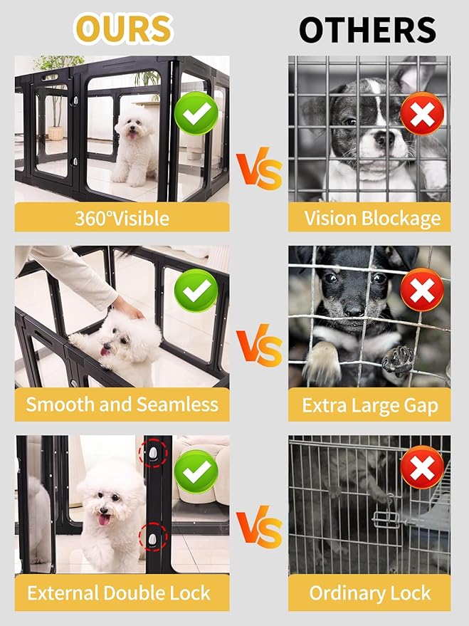 Dog Playpen, Clear Acrylic Plastic Puppy Playpen Indoor, Pet Pen for Puppy Cat Bunny, Transparent Easy Assemble Foldable Whelping Box for Dogs, Puppy Playpen with Gate (23.6" Height, 10PCS)-PawvioPets