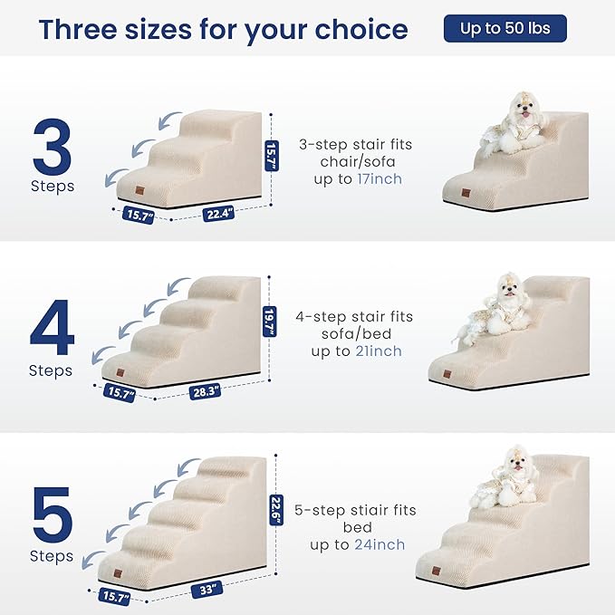 GoGoBunny Ramp Dog Stairs for Couch Sofa and Chair 15.7" H, 3-Step Pet Steps for Small Dogs and Cats, Non-Slip Waterproof Fabric Cover, Stable and Balanced Indoor Step, Pets Friendly, Beige-PawvioPets