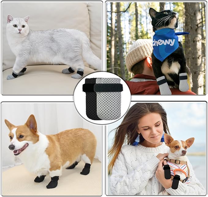 4 PCS Cat Mittens to Prevent Scratching,Mesh Breathable Cat Shoes,Adjustable Cats Anti Scratch Gloves,Suitable for Cats When Bathing and Nail Trimming(XL,Black)-PawvioPets