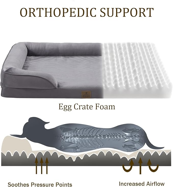Bedfolks Orthopedic Dog Bed, Big Waterproof Dog Sofa Bed for Large Dogs, Egg Foam Pet Couch Bed with Removable Washable Cover and Nonslip Bottom, Dark Grey-PawvioPets