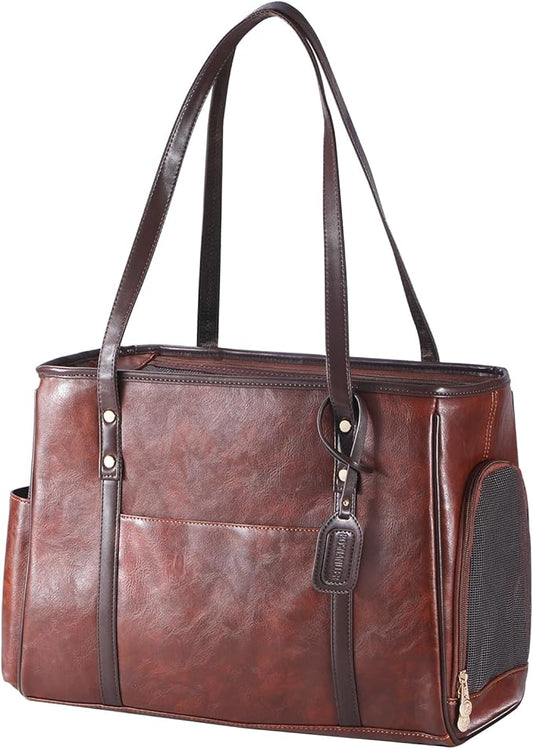 Fashion Dog Carrier Purse, Premium Leather Cat Carrier Bag, Airline Approved Soft Sided Pet Travel Tote Bag with Pockets Coffee-PawvioPets