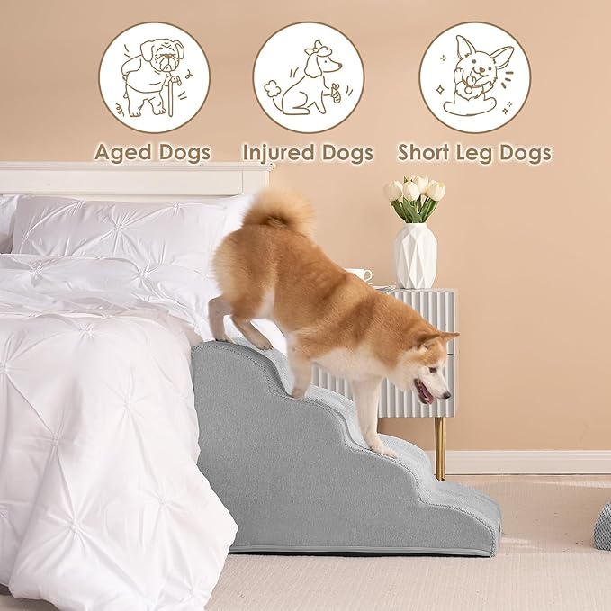 EHEYCIGA Curved Dog Stairs Ramp for High Beds 19.7" H, 4-Step Dog Steps for Small Dogs and Cats, Pet Stairs for High Bed Climbing, Non-Slip Balanced Pet Step Indoor, Light Grey-PawvioPets