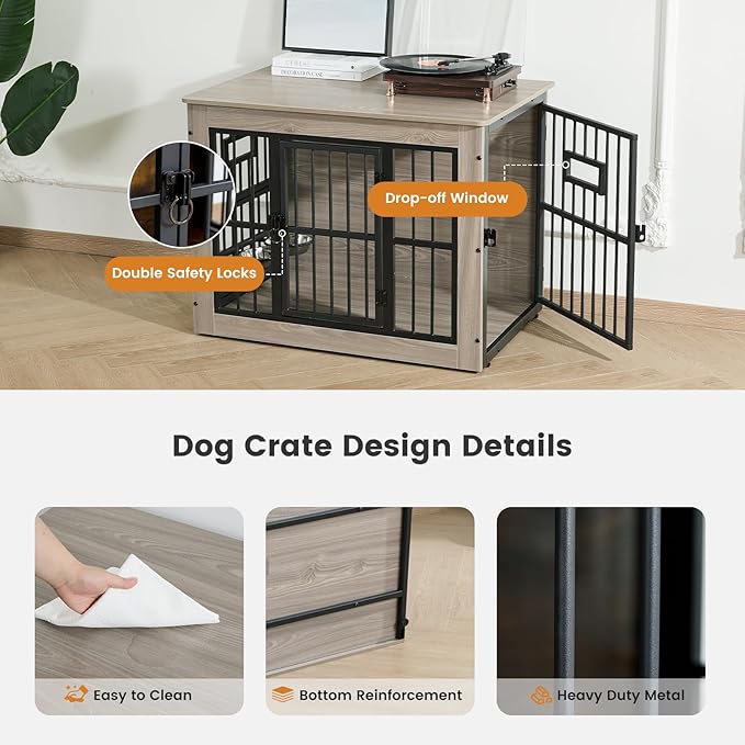 Gardner Pet Dog Crate Furniture for Medium Dogs, 32.7 Inch Dog Kennel Indoor, Wooden Dog Cage End Table with 2 Removable Bowls, Heavy Duty Dog Crate, Rustic Grey-PawvioPets