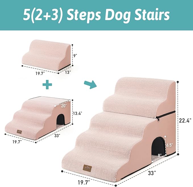 Extra Wide Dog Stairs with Tunnel, Detachable Large Pet Step for Small Medium Dog, Puppy or Cat, Ramp for High Bed, Couch, Sofa or Car, Stable, 19.7x33x22.4 inch, 5 Step, Pink-PawvioPets