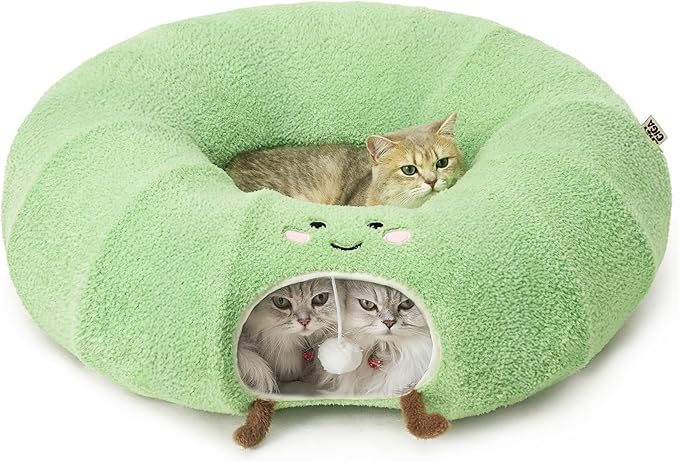 EHEYCIGA Cat Tunnel Bed for Indoor Cats, Cute Cat Donut Toy Tunnel for Small Large Cats with Washable Circle Cushion, Peekaboo Pet Cave Play Tunnel for Kitten, Puppy, Rabbit-PawvioPets