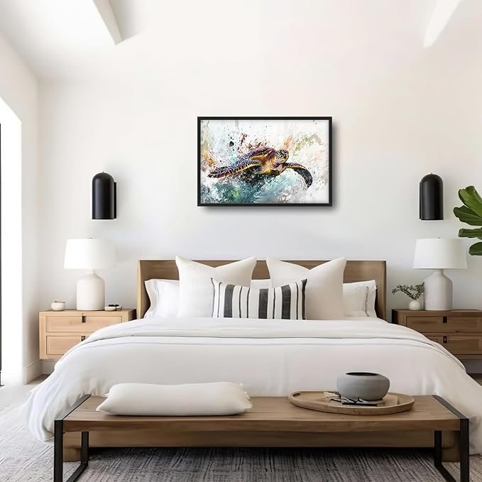 Extra Large Framed Sea Turtle Wall Art,Oversized Abstract Colorful Sea Nautical Wall Decor Pictures for Living Room,Canvas Print Painting Modern Artwork Bedroom Office Bathroom Home Decor 36L x24W-PawvioPets