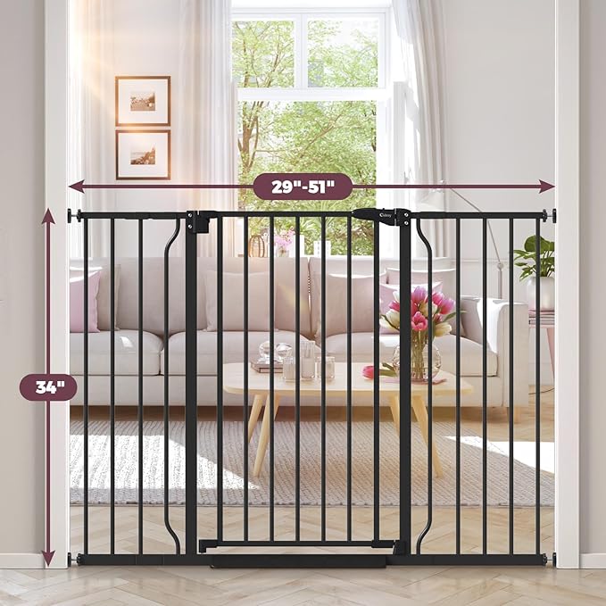 34" Extra Tall Baby Gate for Stairs, Auto Close Stroller Friendly Dog Gate Indoor for Doorways, Pressure Mounted 29"-51" W Baby Gate, Easy Walk Through Gate for Children & Pets, Black-PawvioPets