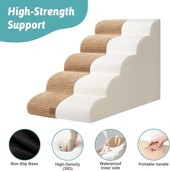 Extra Wide Dog Stairs 19.7" Width, Large Pet Step for Small Medium Dog, Puppy or Cat, Ramp for High Bed or Car, High Density Foam Ladder, Stable, 5 Step, 19.7x33x22.4 inch, Light Brown-PawvioPets