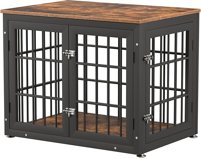 32 Inch Heavy Duty Dog Crate Furniture for Medium and Small Dogs, Decorative Pet House End Table, Wooden Cage Kennel Furniture Indoor, Rustic Brown-PawvioPets