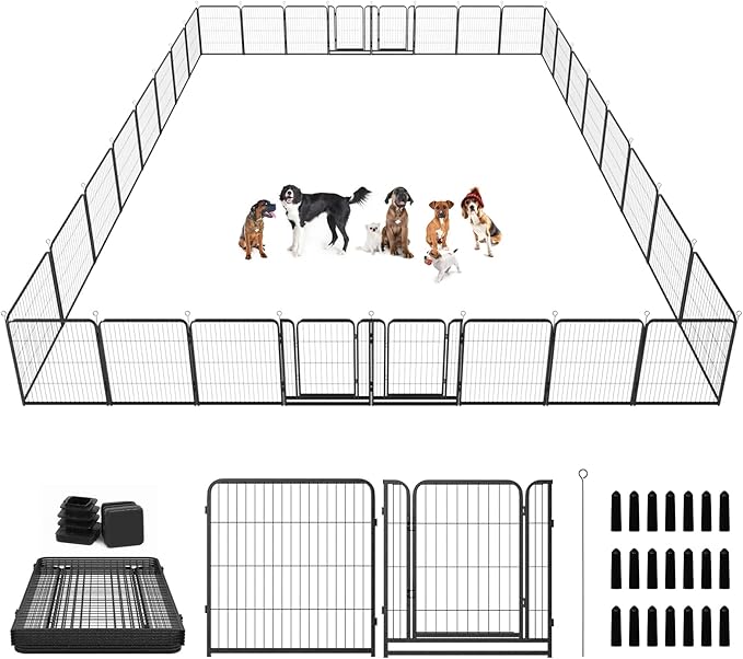 Dog Playpen Outdoor Extra Wide 32 Panels Heavy Duty Dog Fence 32" Height Anti-Rust with Doors Portable for RV Camping Yard, Total 84FT, 561 Sq.ft, Snowy Black-PawvioPets