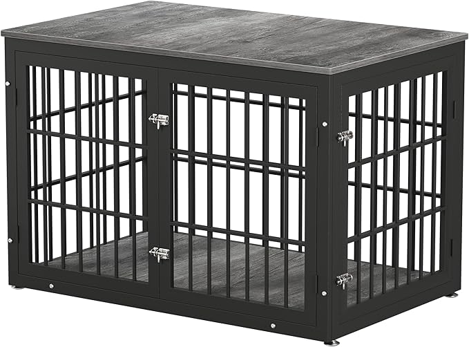 48 Inch Heavy Duty Dog Crate Furniture for Large Dogs, Decorative Pet House End Table, Extra Large Wooden Cage Kennel Furniture Indoor, Black and Gray-PawvioPets