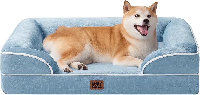 EHEYCIGA Orthopedic Dog Beds for Large Dogs, Waterproof Memory Foam Large Pet Bed with Sides, Non-Slip Bottom and Egg-Crate Foam Dog Couch Bed with Washable Removable Cover, Washed Blue-PawvioPets