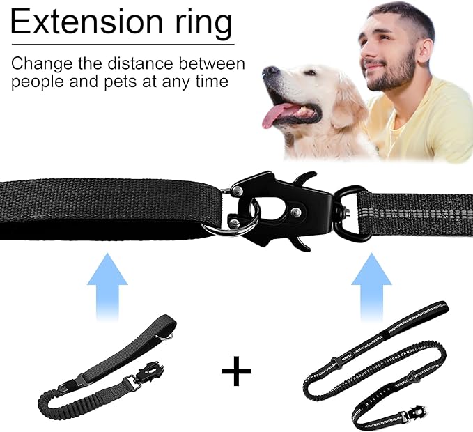 20” Strong Short Leash for Dog, Heavy Duty Bungee Dogs Leash with Padded Handle Car Seatbelt, Small Dog Training Leashs for Large or Medium Dogs - Can be Used with Other leashes (Black)-PawvioPets