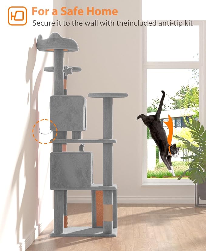 60'' Cat tree Tower for Indoor Cats Large Adult,Cute/Tall Modern Cat Tree for Big Cats 20 lbs,Plush Multi-Level Cat Condo with Scratching Posts,Dangling Ball for fun play(Light Gray, 60 inch)-PawvioPets