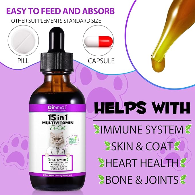 2PCS Liquid Multivitamin for Cat, 15 in 1 Cats Multivitamin Liquid Drops Supplements for Skin & Coat, Heart Health, Bones and Joint, Cat Vitamins with Glucosamine and MSM, Immune System Support-PawvioPets