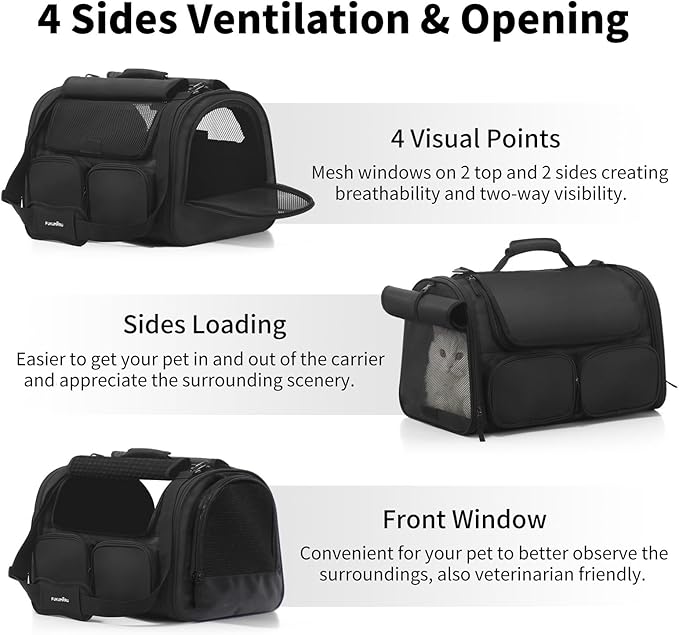 FUKUMARU Cat Carrier, 4 Mesh Windows Small Dog Carrier, 4 Storage Pockets Cat Travel Bag, Under 15 lb Airline Approved Pet Carrier, Rollable Cover for Nervous Cats, Black-PawvioPets