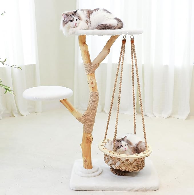50" Tall Cat Tree Tower, Modern Cat Tree for Indoor Cats, Washable Wooden Perchs and Climbers for Large Cats, Cute Cat Furniture with Unique Cat Swing-PawvioPets