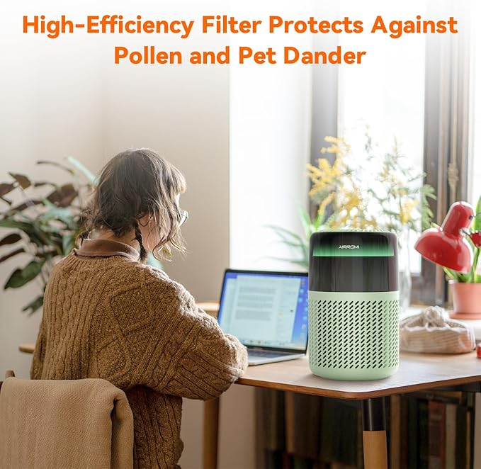 AIRROMI Air Purifier for Bedroom Home,HEPA Filter,Covers Upto 549 Ft²,Quiet 360°intake Air Cleaner with Fragrance ponge for Better Sleep,Night Light,Filters Smoke,Pet Dander,Allergies,Dust,A2005 Green-PawvioPets