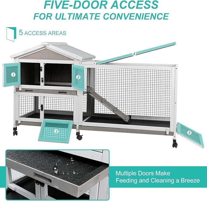 2-Tier Rabbit Hutch with Wheels, Indoor & Outdoor Small Animal Cage with Deep Pull-Out Tray, Anti-Chew Frame, Habitat for Bunny, Guinea Pig, Chinchilla (60" L x 19" W x 35" H)-PawvioPets