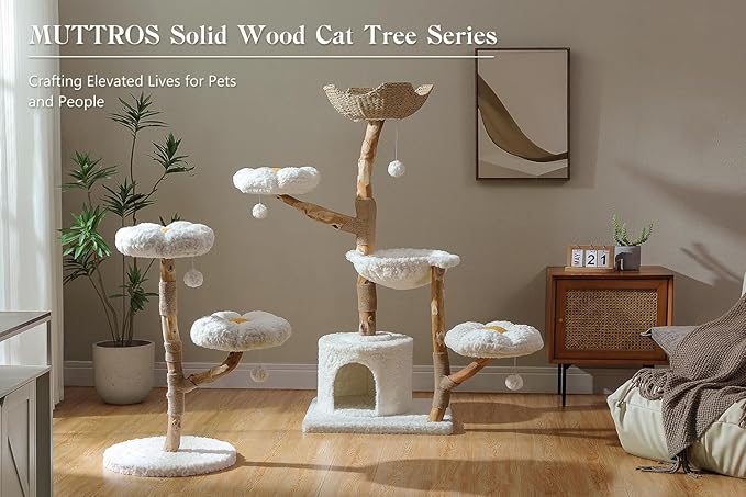 59" Modern Cat Tree Tower for Large Cats w/2 Flower Perches-Natural Solid Wood Scratching Post with Real Branch-Luxury Boho Cat Furniture w/Condo & Wicker Basket Bed, Cloud White-PawvioPets