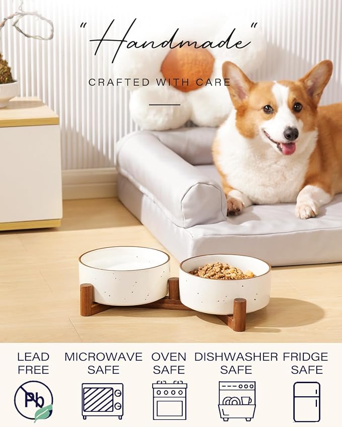 Getstar Ceramic Dog Bowls with Acacia Wood Stand, 30 fl oz, Set of 2, Dog Food Bowl with Colored Rim-PawvioPets