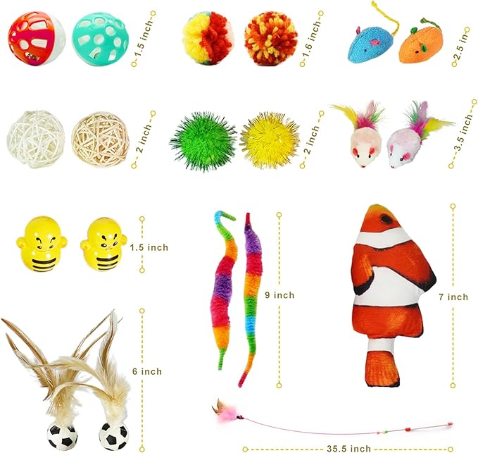 21-Piece Cat Toys Set, Interactive Tunnel, Balls, Mice, Feather Wands, Catnip Toys(Rainbow Cat Tunnel)-PawvioPets