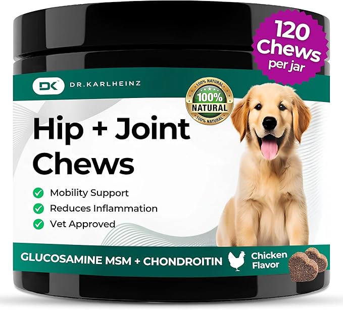 Glucosamine for Dogs - Max Strength Hip and Joint Supplement for Dogs - MSM, Chondroitin, Hemp Oil, Turmeric - Mobility Support and Pain Relief - 120 Chewable Tablets (Chicken Flavor)-PawvioPets