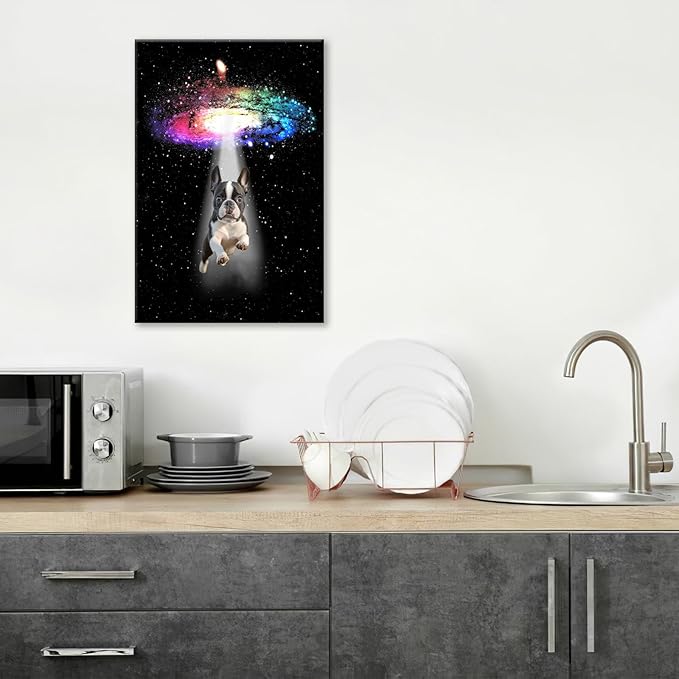 Funny Dog Wall Art Canvas Boston Terrier Wall Decor Prints Framed Painting Bulldog Galaxy Pictures Gifts Artwork for Bathroom 16"x24"-PawvioPets
