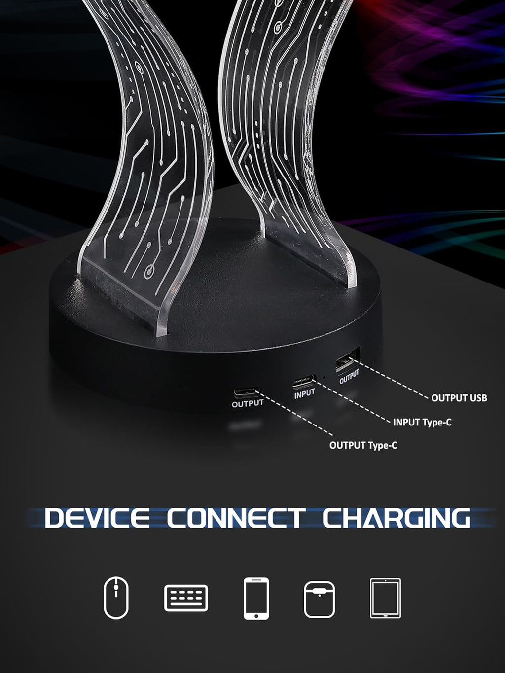 Light Up Headphone Stand with 16 Color Lights, PCB Pattern Acrylic Headset Stand with 1 USB and 1 Type-C Charging Ports, Gifts for Gamers Men and Music Lovers