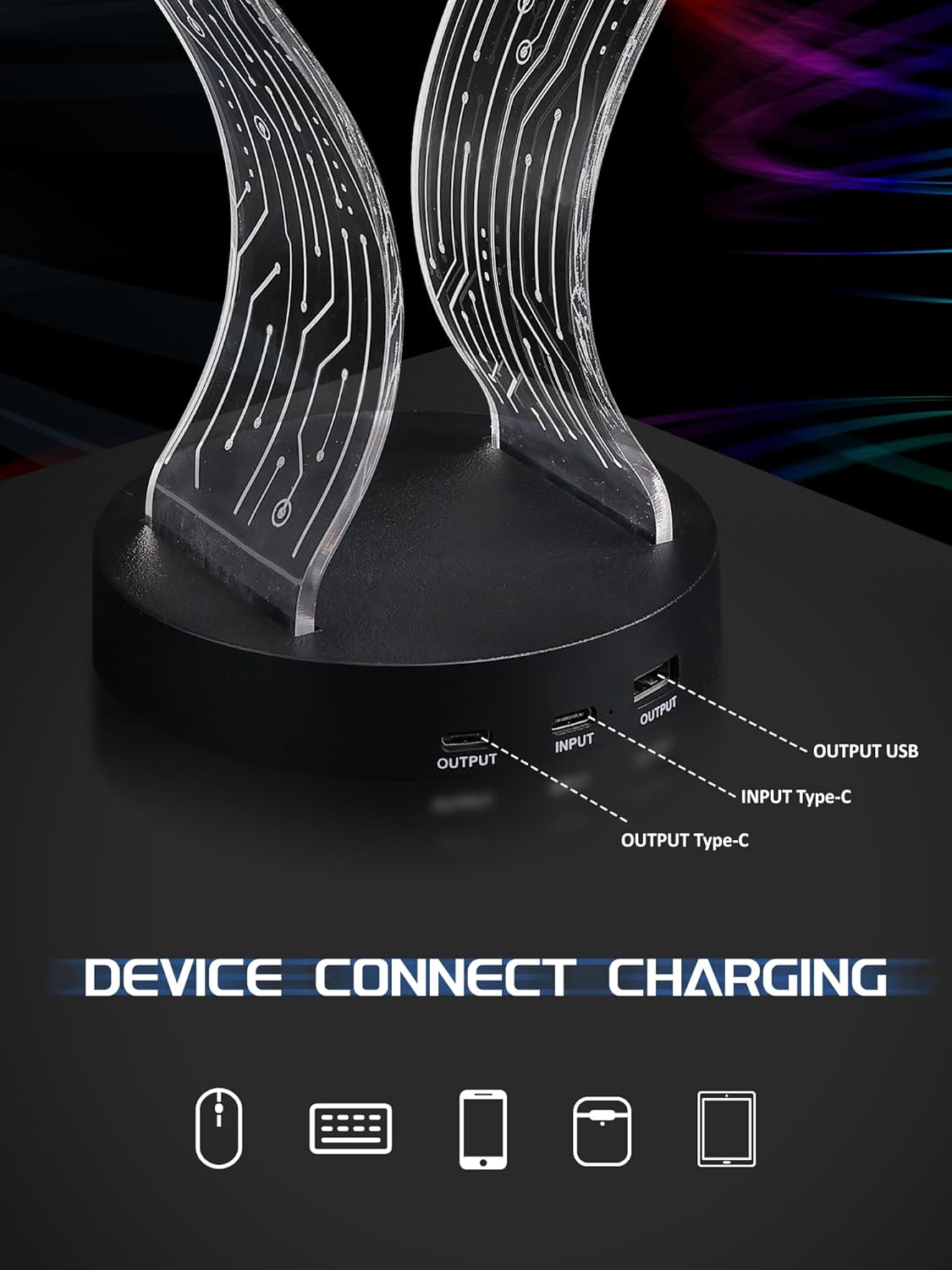 Light Up Headphone Stand with 16 Color Lights, PCB Pattern Acrylic Headset Stand with 1 USB and 1 Type-C Charging Ports, Gifts for Gamers Men and Music Lovers