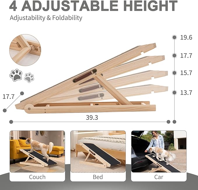 ABORON Antislip Dog Ramp, Adjustable Folding Pet Ramp for Small & Large Old Dogs & Cats, High Traction Portable Rubber Paw Ramps, Supports up to 200 lbs, Used for Bed Couch SUV, 39.3'' Long-PawvioPets
