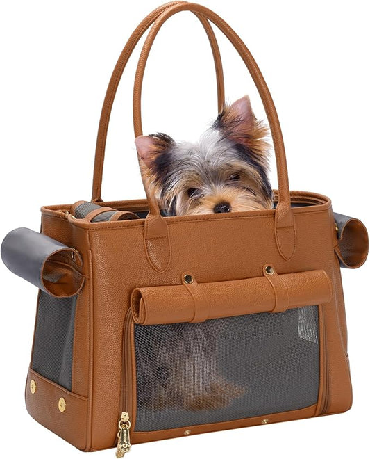Fashion Pet Carrier Purse for Small Cat and Dog, Luxury Pu Soft-Sided Tote Bag with Large Pockets for Dogs and Puppies (Brown, 15.8" L x 7.5" W x 11.8" H)-PawvioPets