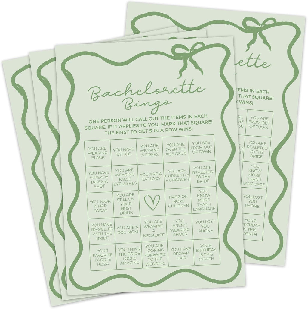 DEEKA 30 PCS Bridal Shower Games Card for 30 Guests Sage Green Wavy Border Ribbon Bow Funny Wedding Bachelorette Party Games for Reception (Bachelorette Bingo)