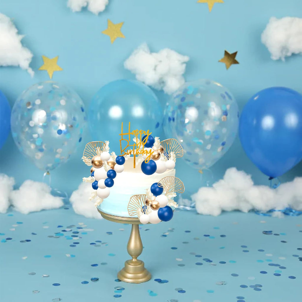 Gyufise 57Pcs Balls Cake Topper Boho Grass Cake topper Pearl Balls Acrylic Happy Birthday Cake Decorations for Wedding Baby Shower Birthday Boho Themed Party Supplies Royal Blue