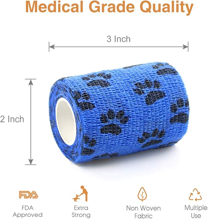 AUPCON Vet Wrap Cohesive Bandages Bulk Self Adhesive Bandage Wrap Self Adherent Wrap Non-Woven for Dogs Pet Animals & Ankle Sprains & Swelling (3 Inch Blue Claw)-PawvioPets